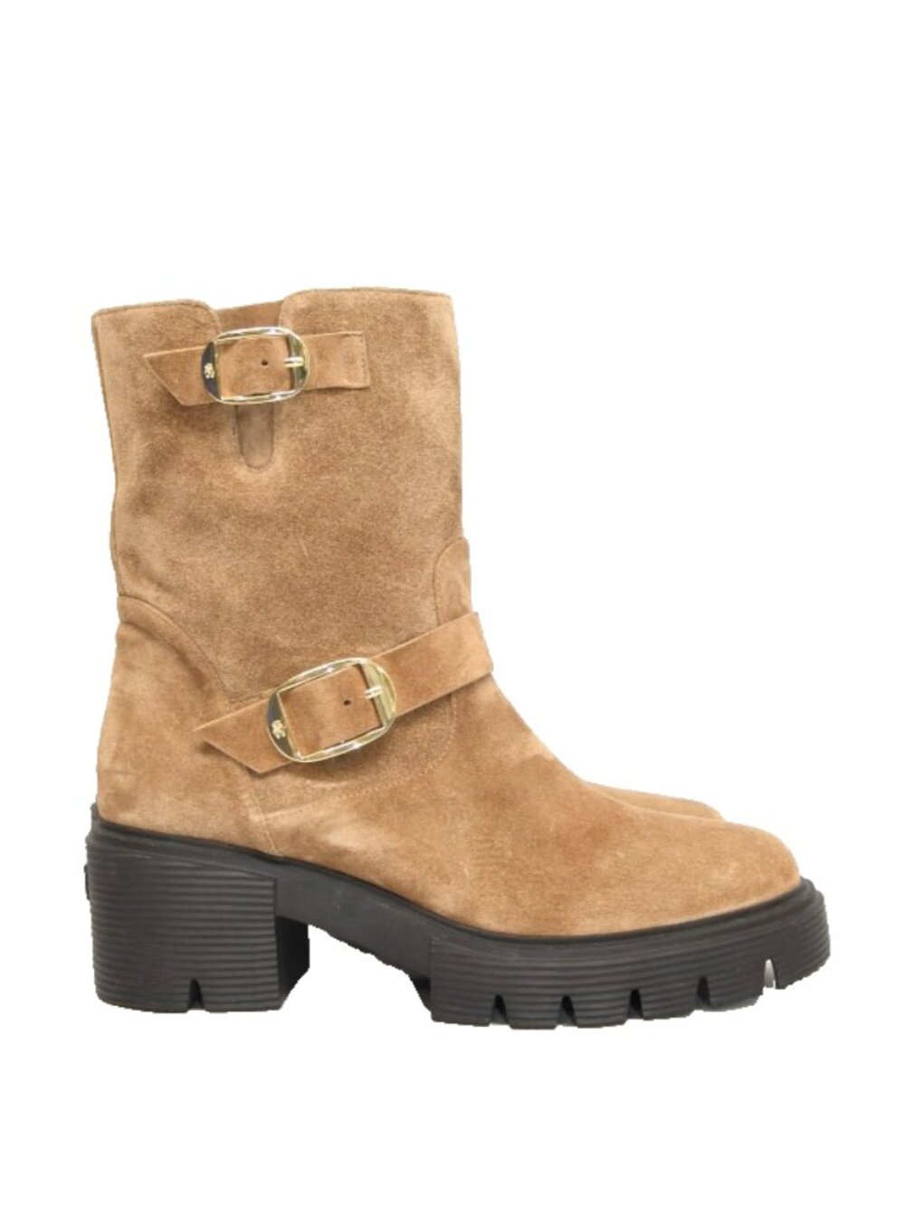 $750 STUART WEITZMAN SOHO MOTO SUEDE GOLD BUCKLES BROWN PLATFORM 10 (PD19)